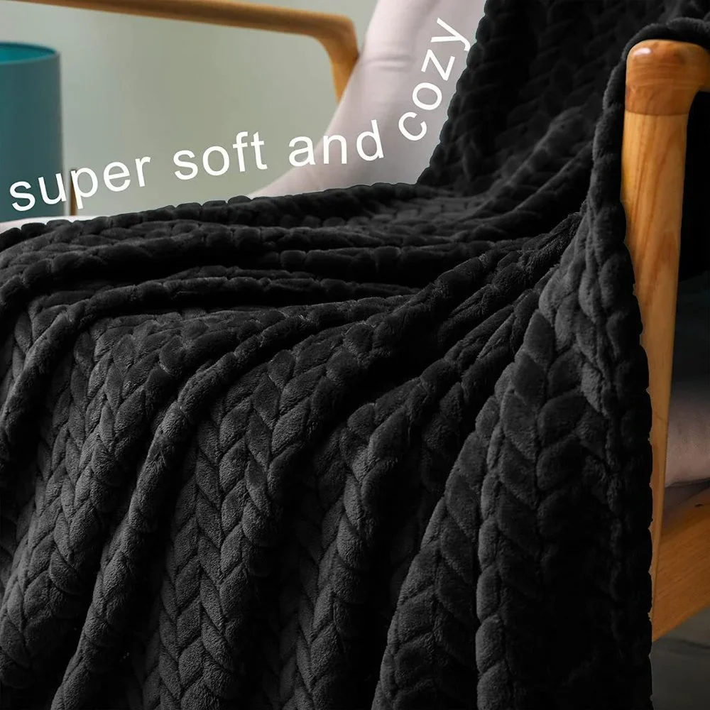 Trendy Black Knit Jacquard Weave Pattern Decorative Warm Flannel Bed Blanket - Picture 5 of 16